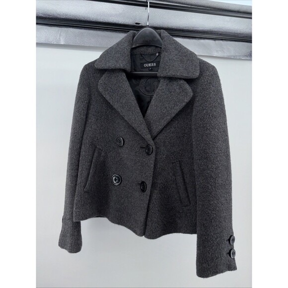 Guess Women’s Size Small Double Breasted Gray Wool Blend Short Style Lined Coat - Picture 7 of 10